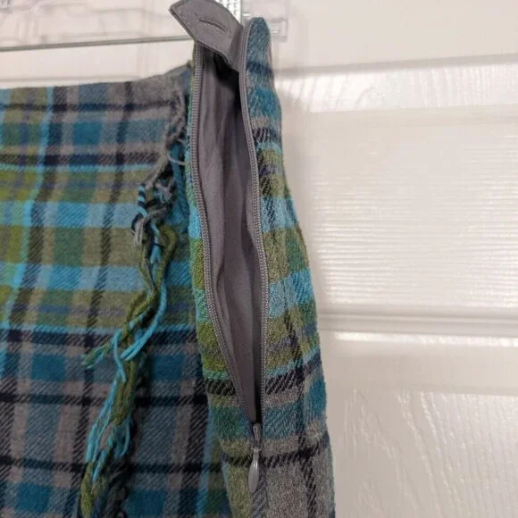 J Jill Plaid Fringe Skirt Womens Petite Size 12 Green Wool Blend Lined Faux Wrap - Picture 3 of 10